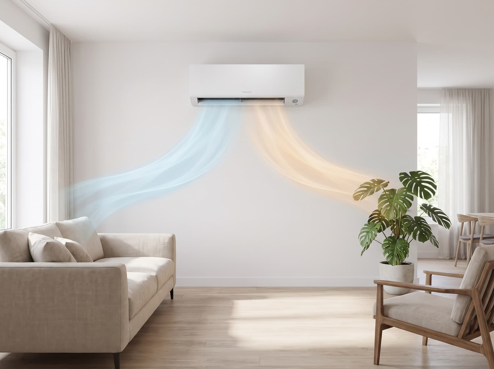 Airco die koude en warme lucht de kamer in blaast