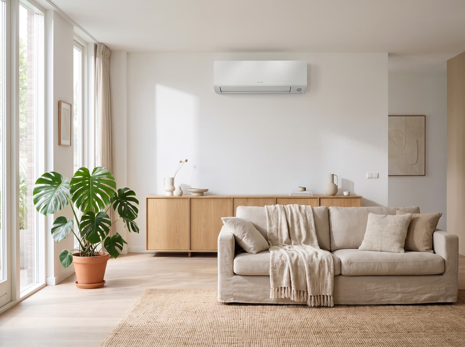 Vakkundig geïnstalleerde airco in een lichte woonkamer