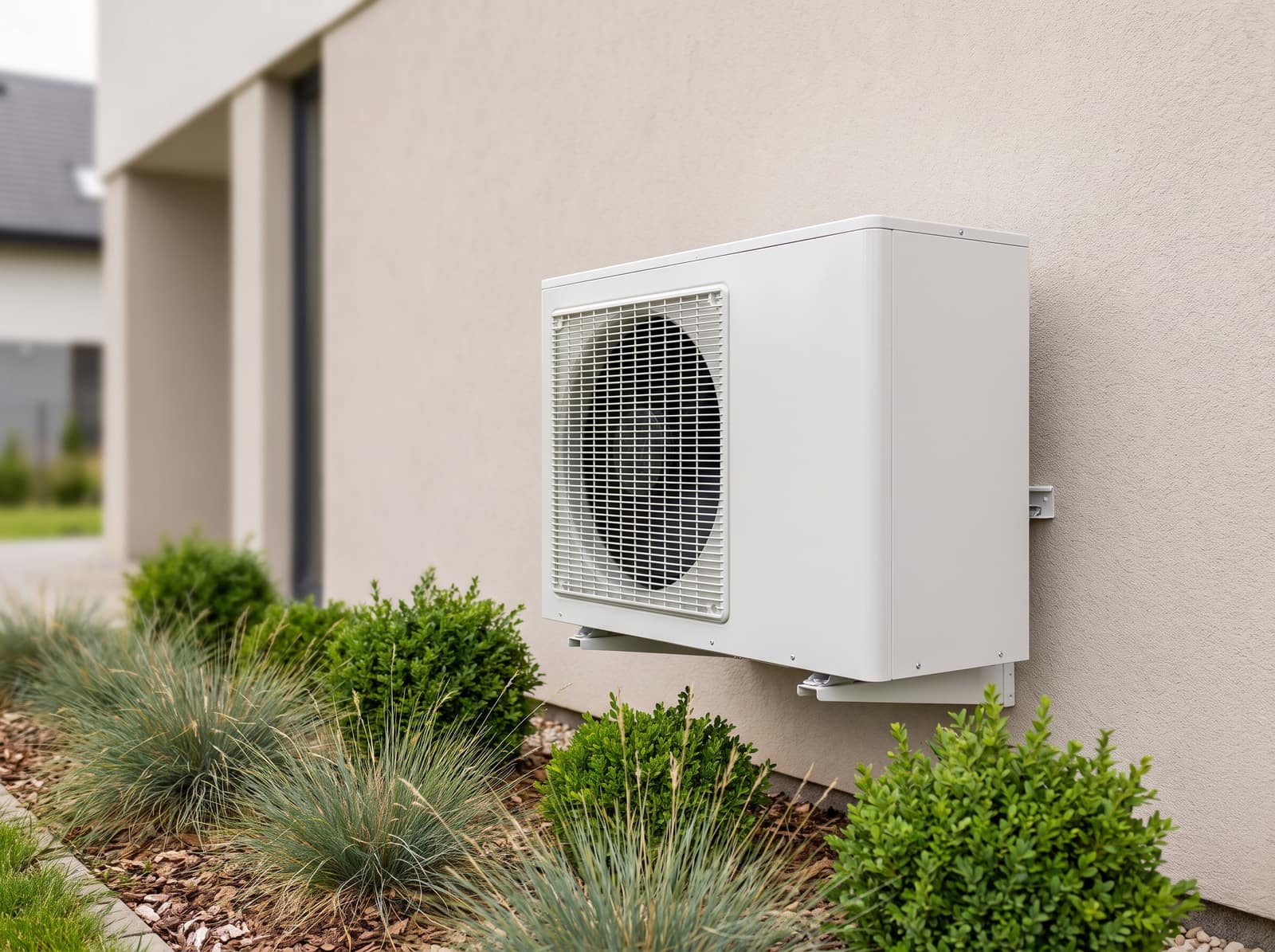 Warmtepomp buitenunit tegen de gevel van een woning